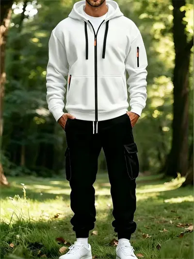 Men's Hooded Sweatshirt Set, Two-Piece, Multi-Pocket - 11