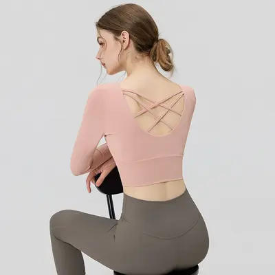 Kadın Yoga Üstü Uzun Kollu Göğüs Pedli Pilates Spor Üstü Nefes Alabilen Sırt Çapraz - 11