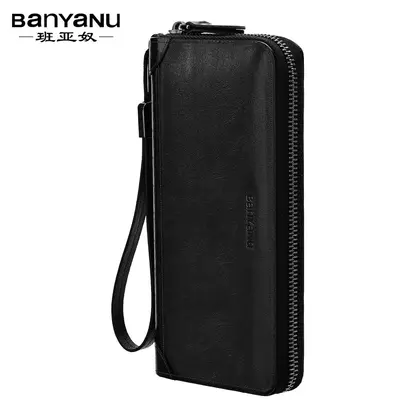 Banyanu Men's Long Zipper Wallet, Large Capacity, Genuine Leather - 7