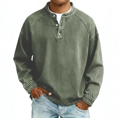 Men's Washed Distressed Vintage Stand-Collar Long-Sleeve Sweatshirt - 10