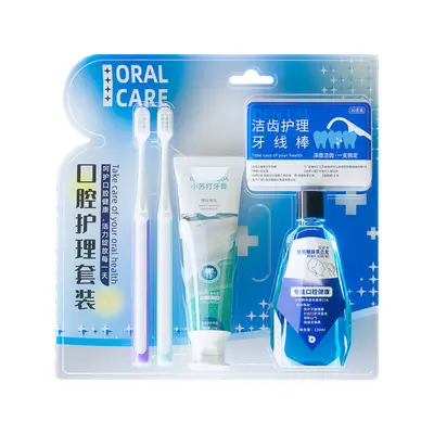 Dental care kit with toothbrush, toothpaste, floss and mouthwash