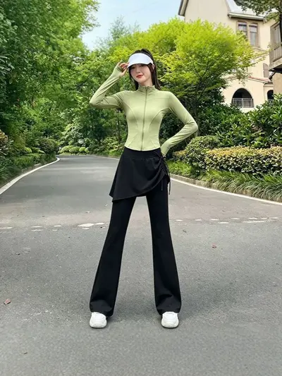 户外跑步健身套装女收腰拉链长袖上衣抽绳遮胯裙裤两件套瑜伽服秋