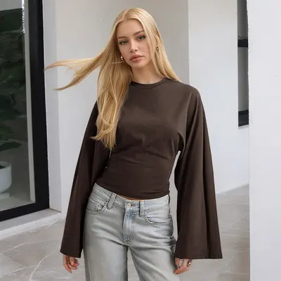 Women's Solid Color Round Neck Long Sleeve Top, Wide Sleeve, Waist-Cinching - 12