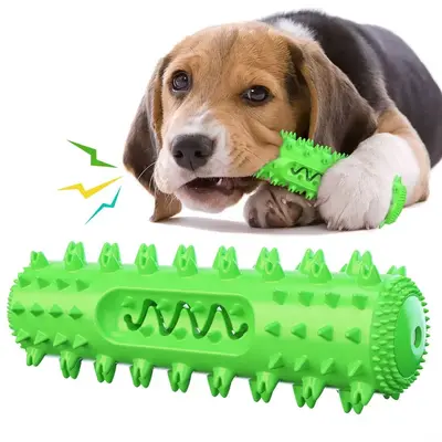 Dog toy, squeaky, teeth-cleaning stick with treat dispenser