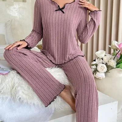 2025 New Style European and American Cross-Border Amazon Bestseller Black Edge Twisted Edge Casual Home Clothing Set Ribbed Pajamas