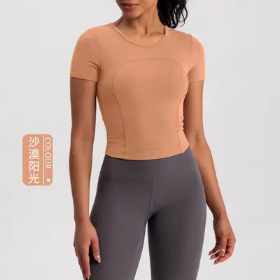 Athena lulu Summer New Yoga Wear Женская футболка с коротким рукавом и встроенными чашечками бюстгальтера, эффект «второй кожи», спортивный топ для бега и фитнеса - 9