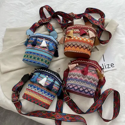 Ethnic Style Tassel Woven Bucket Bag, Women's Single Shoulder Bag