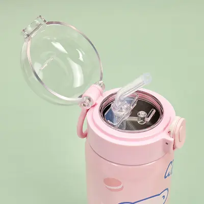 Cartoon-Bär 304 Edelstahl-Thermobecher mit Pop-up-Deckel und Strohhalm, Trinkbecher für Schüler und Paare, Wasserbecher