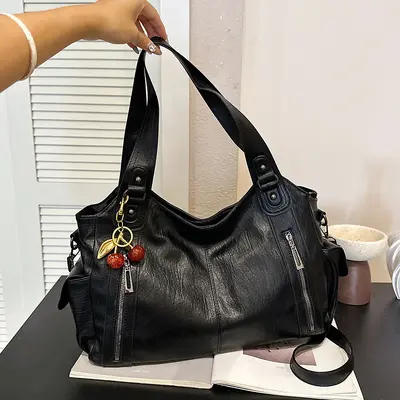 Women's Tote Bag, Large Capacity, Crossbody Strap, Retro Design - 13