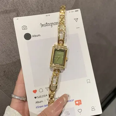 Women's quartz watch set with diamonds, square, gift box