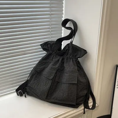 Large Capacity Lightweight Travel Backpack Plaid Drawstring Tote Bag - 7