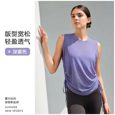 春夏新款竹节纱速干瑜伽罩衫女修身透气运动上衣批发抽绳网纱背心 - 8