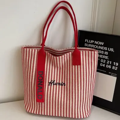 Women's 2025 Large Canvas Tote Bag, Striped Single-Shoulder Bag - 4