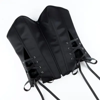 Black Punk Strappy Zippered Corset, Waist-Slimming and Bust-Supporting