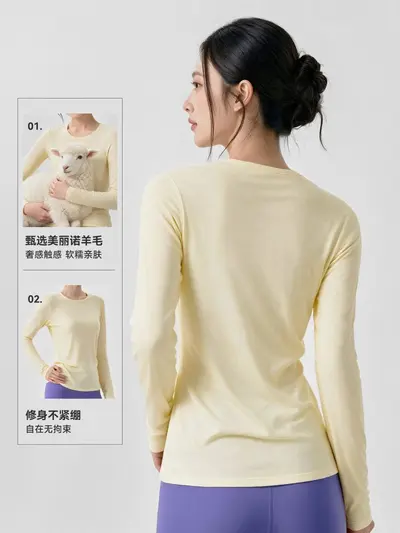 Merino-Wolle Langarm-Damen-Yogashirt, Rundhalsausschnitt - 3