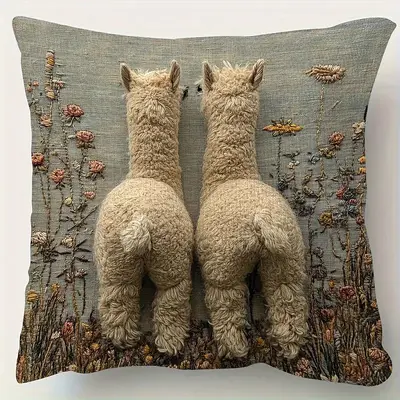Cute Alpaca Pillow Cover 2D Flat Print Imitation Embroidery Pillow Cover Without Core Sofa Cushion Cover Home Decoration - 11