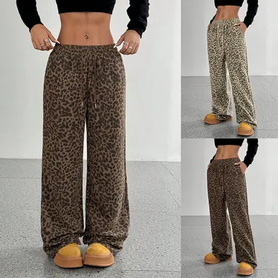 Damen Y2K Freizeithose mit geradem Bein und Leopardenmuster