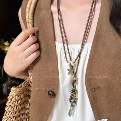 Zen feather necklace, retro bohemian, long collarbone chain - 7