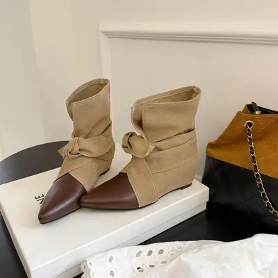 6cm Heel Women's Patchwork Bow Short Boots, Pointed-Toe Riding Boots - 11