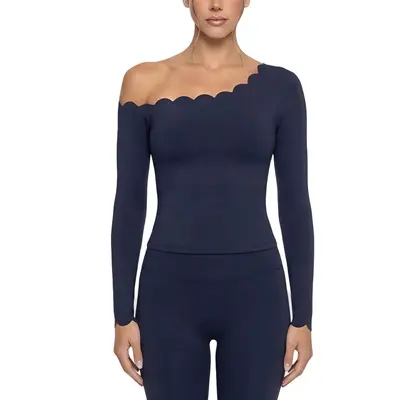 Lace Trim Asymmetric Shoulder Yoga Top High Stretch Long Sleeve - 10