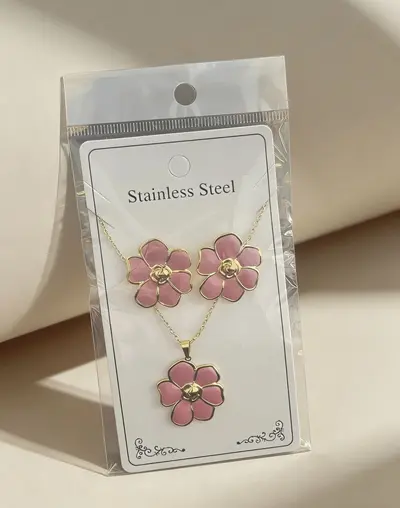 Flower and Water Drop Enamel Earring and Necklace Set, Stainless Steel - 8