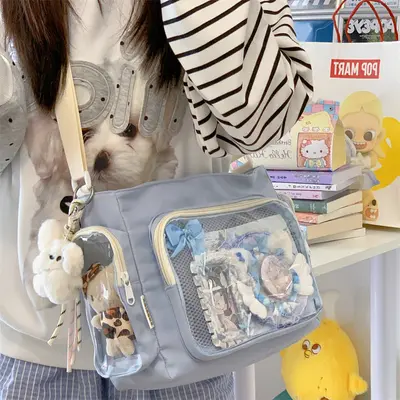 Women's College Style Large Crossbody Bag with Transparent Badge - 10