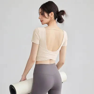 Kadın U Sırt Açık Yoga Üstü, Kısa Kollu, Pilates ve Fitness İçin - 7