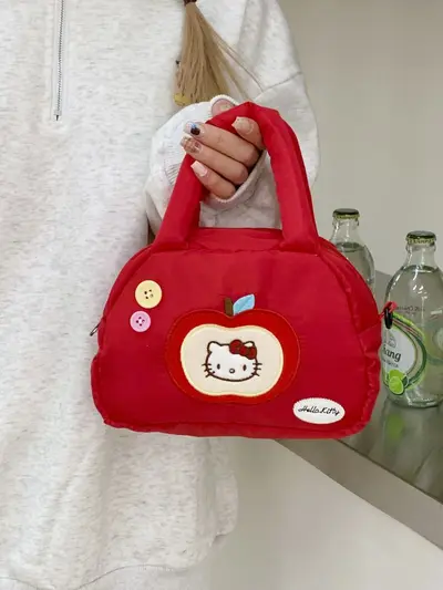 Women's Handbag with Apple Embroidery and Cat Design Portable Casual Shoulder Bag - 5