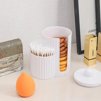 Bamboo Lid Dual-Compartment Cotton Swab and Makeup Pad Storage Box