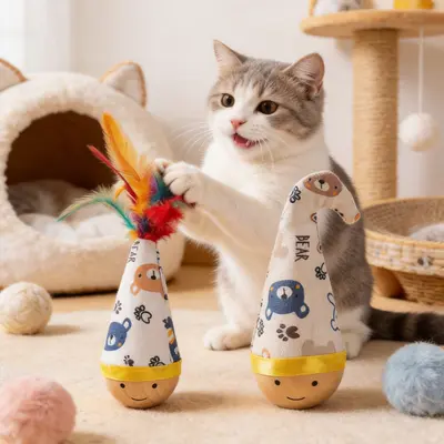 Roly-Poly Cat Toy with Feather Teaser Wand - 3