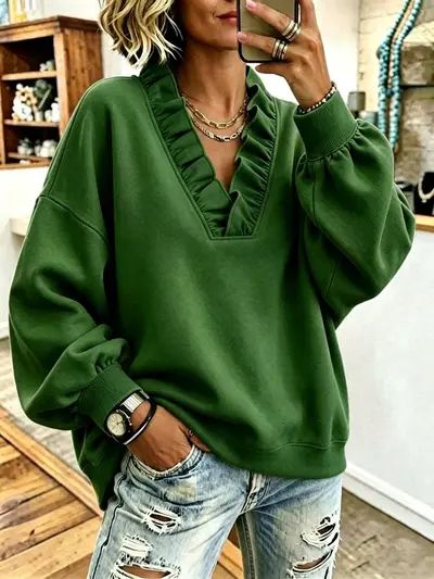 Kadın fırfırlı V yaka uzun kollu sweatshirt, sonbahar ve kış, bol kesim - 8