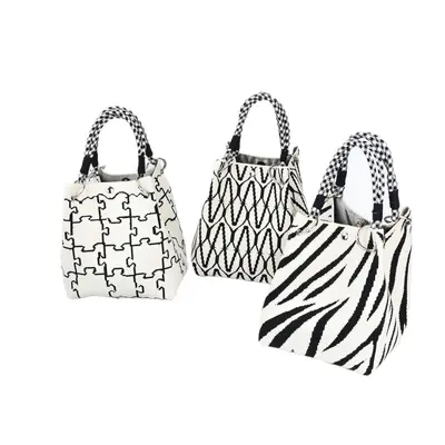 Gestrickte Damenhandtasche mit Ringgriff, kleine Stoff-Tote-Bag - 6