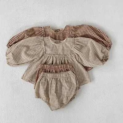 Korean-Style Baby Long-Sleeve Spring/Autumn Set with Plaid Puff-Sleeve Top