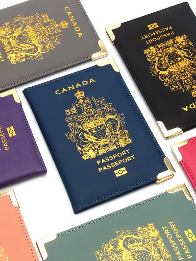 Leather passport wallet with copper feet and metal corners, lightweight slim