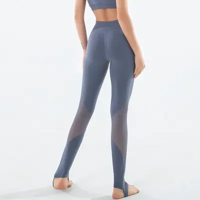Damen Yoga-Leggings, hohe Taille, Po-Lifting, Netzstoff-Fußschlaife