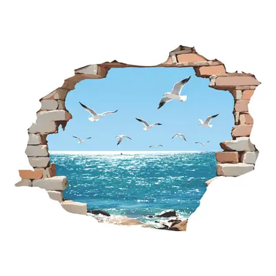 Martı Desenli Okyanus Duvar Sticker'ı, Gerçekçi Tuğla Duvar Resmi, Yatak Odası ve Salon İç - 7