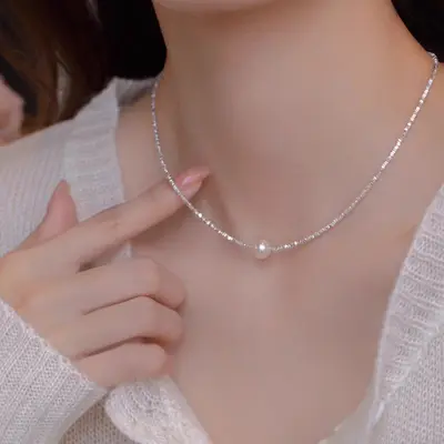 Silber-Perlenhalsband für Damen, verbrauchtes Silber, verstellbare Kette
