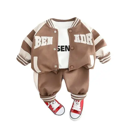 Boys' Crew Neck Baseball Jacket 3-Piece Set with Long Sports Pants