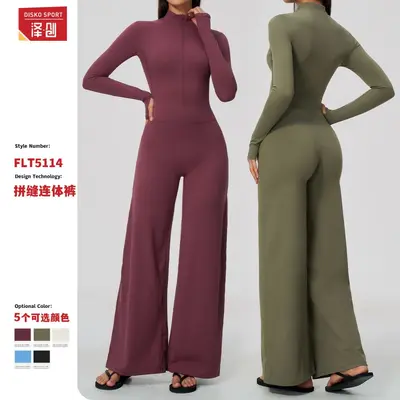 Damen Reißverschluss-Yoga-Overall, langarm, mit weitem Bein