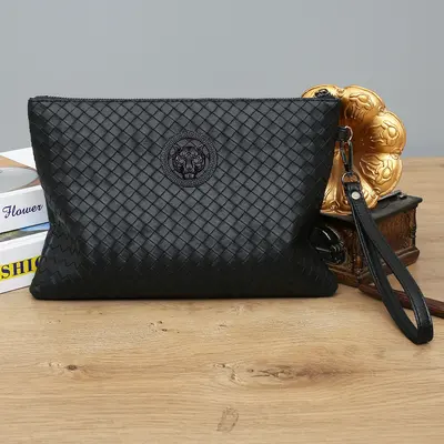 Men's Woven Hand Bag, Large Capacity Soft Leather Clutch Envelope Bag