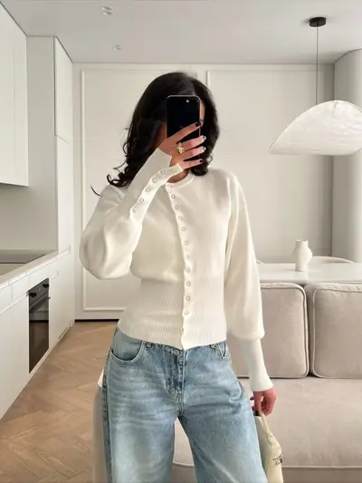 Damen-Rundhals-Strickcardigan, französischer Klassikstil, Freizeitpullover