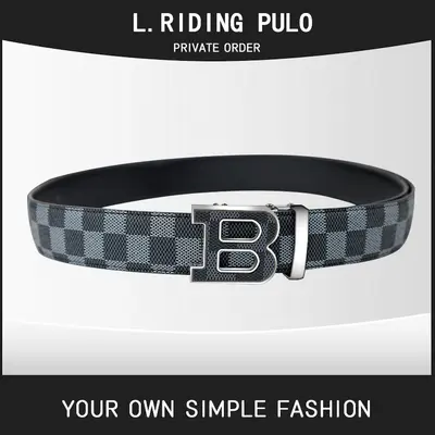 Men's automatic buckle belt, trousers belt, leather belt, plaid belt, lettered buckle belt