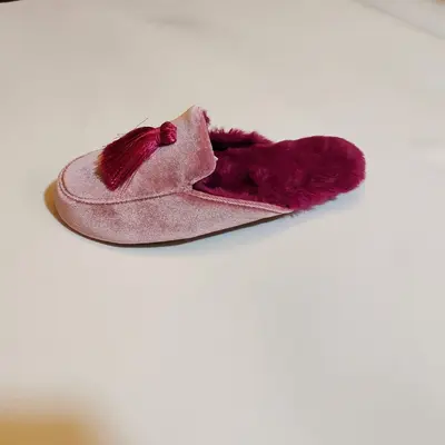 Princess-Style Hand-Stitched Tassel Velvet House Slippers, High Heel, Closed Toe
