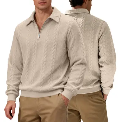 Erkek Fermuarlı POLO Sweatshirt, Doku Desenli, Büyük Beden