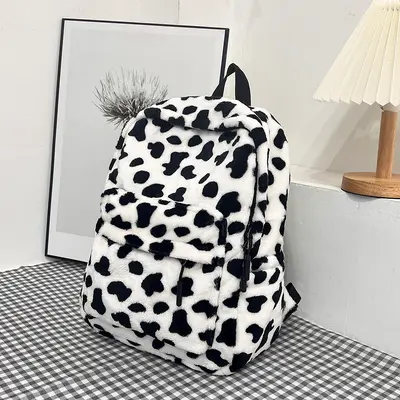 Plüsch-Rucksack mit großem Fassungsvermögen, Leoparden- und Kuhmuster - 8