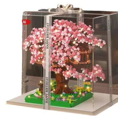 Pembe Kiraz Çiçeği Ağaç Evi Yapı Seti, DIY Dekoratif Obje, Zor Seviye