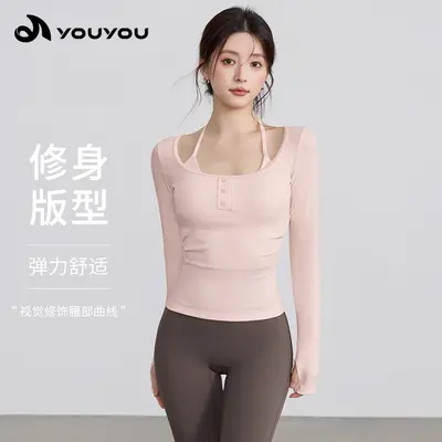 新款瑜伽服假两件挂脖运动上衣设计感修身显瘦长袖秋季紧身训练服