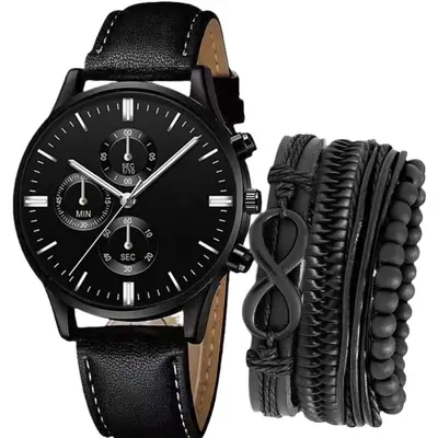 Men's leather belt, watch and bracelet set