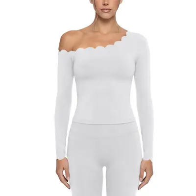 Lace Trim Asymmetric Shoulder Yoga Top High Stretch Long Sleeve - 6
