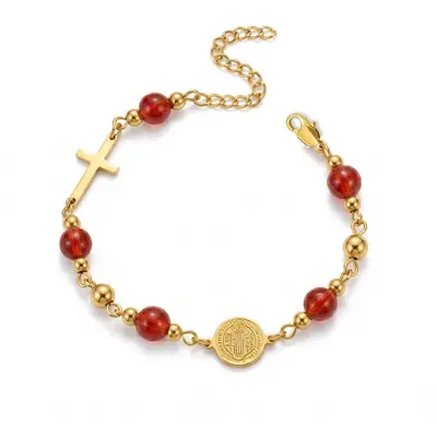 Stainless Steel Round Pendant Cross Tiger's Eye Bracelet for Women